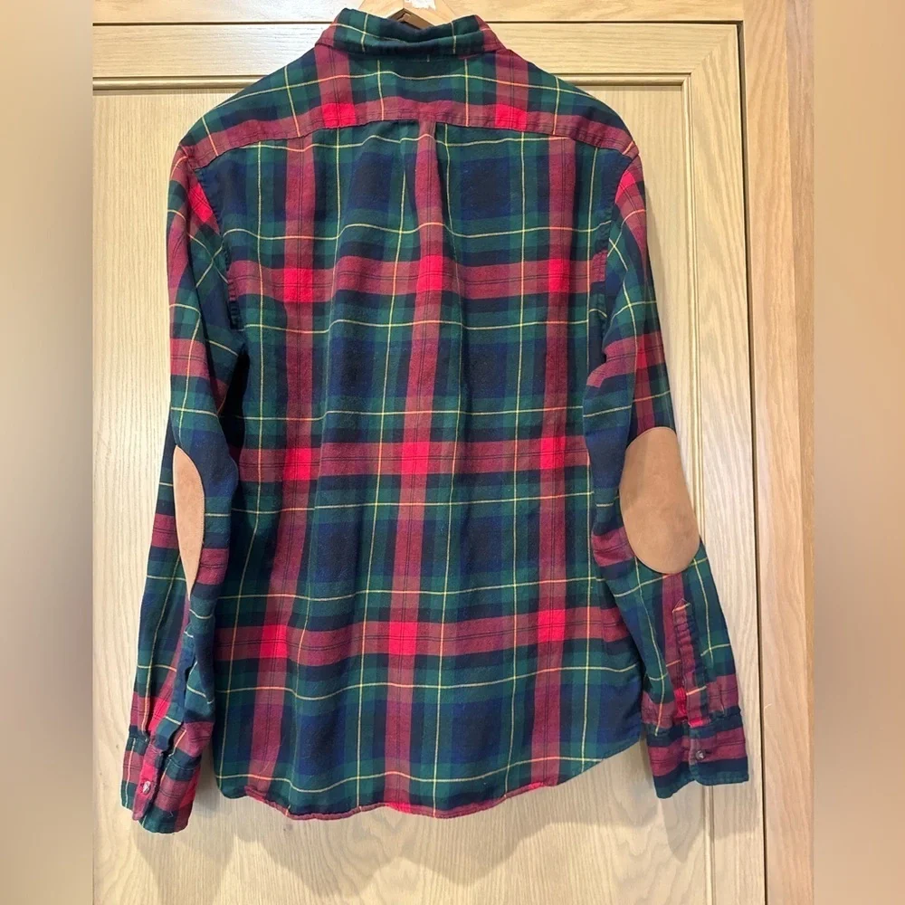 J. Crew Plaid Button Down Elbow Patches Cotton/Wool Flannel Holiday Large Slim